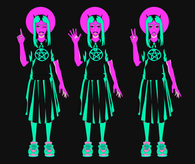 Anime demon girl character in a black dress. Sprite sheet of a personage. 