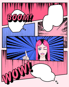 Comic book page with funny anime girl. Illustration for modern poster, cover or t-shirt print.