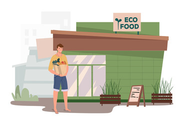 Eco food store building web concept. Man buys vegetables and fruits in shop. Buyer standing with bags organic food at entrance. People scenes template. Illustration of characters in flat design