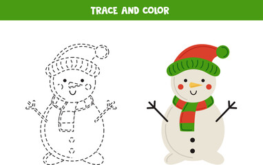 Trace and color Christmas snowman. Worksheet for children.