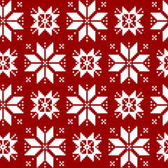 Naklejka na ściany i meble Christmas pattern in classic red and white tones. Winter illustration with snowflakes and geometric ornaments.