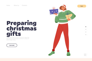 Preparing Christmas gifts concept of landing page with happy girl with present box