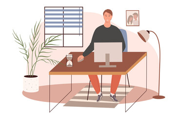 Office workplace web concept. Man working on computer sitting at desk in cozy room with decor. Freelancer or remote worker. People scenes template. Illustration of characters in flat design