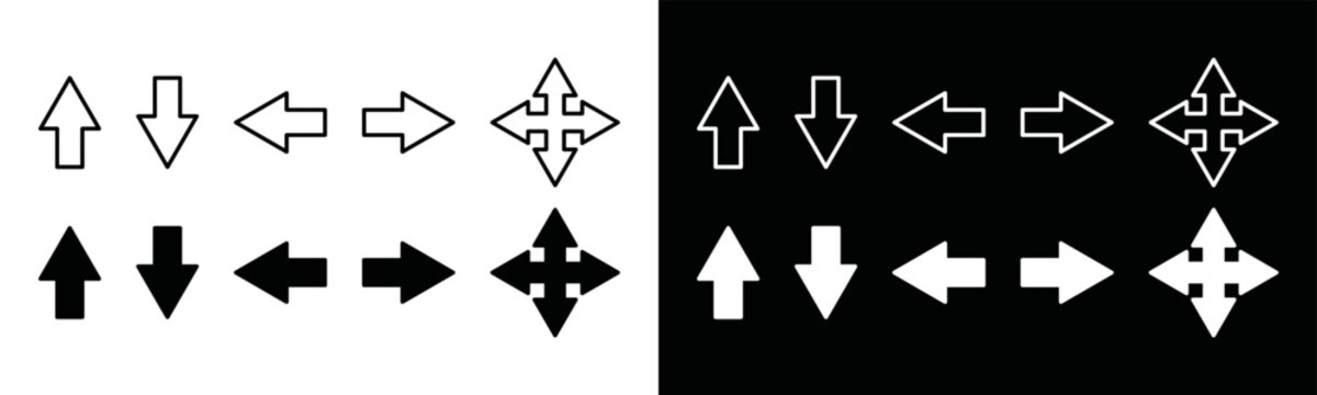 Arrows icon vector collection. Right left up down arrow sign silhouette. Crossroad direction sign symbol illustration