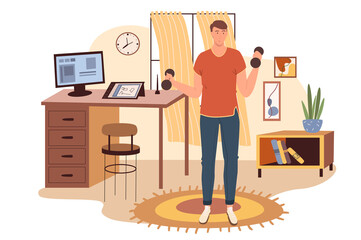 Workplace web concept. Man exercising with dumbbells at office. Freelancer or remote worker training sports in room with decor. People scenes template. Illustration of characters in flat design