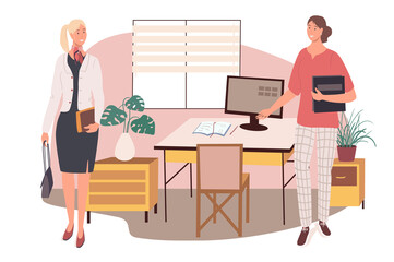 Workplace web concept. Employees meeting in office. Businesswomen standing near desk with computer and discussing work. People scenes template. Illustration of characters in flat design