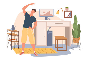 Workplace web concept. Man exercising at home office. Freelancer or remote worker training sports in comfy room with decor. People scenes template. Illustration of characters in flat design