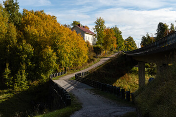 Halikko Old Bridge, built in 1866. Historic museum bridge in Salo, Finland with trees in autumn colors