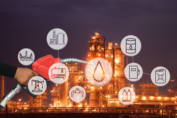 hand holding fuel nozzle Car Gas Tank - Fueling over the petrochemical industry with petrochemical procedure concept for the petrochemical industry, oil price, petrochemical procedure