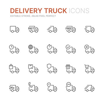 Collection of delivery truck related outline icons. 48x48 Pixel Perfect. Editable stroke