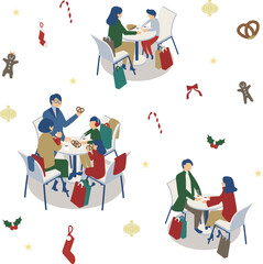 クリスマスにショッピング楽しむ合間にカフェでくつろぐ人々