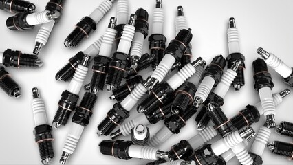 Pile of car spark plugs on a white background, 3d illustration