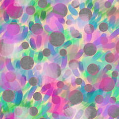 Seamless pattern of textured circles, abstract elements in pink and green shades on a yellow background for textile.