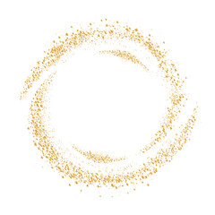Golden dust dots circle frame on transparent background. Abstract glitter background with sparcles. Copy space for text