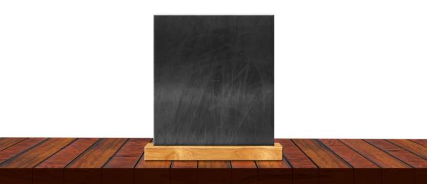 Close-up of an empty wooden table top for products display (kitchen or bar counter) with empty blackboard, isolated on white or transparent background. 3D illustration and photography, png.