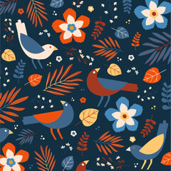 Motif tropical, floral et animal, avec oiseaux, feuilles et plantes exotiques. Eléments vectoriels séparés sur fond uni bleu foncé.
