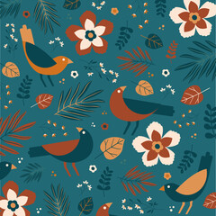 Motif tropical, floral et animal, avec oiseaux, feuilles et plantes exotiques. Eléments vectoriels séparés sur fond uni vert.