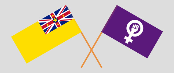 Crossed flags of Niue and Feminism. Official colors. Correct proportion