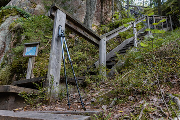 Hiking poles leaning on the handrail of a wooden stairs in a Finnish forest, Repovesi National Park...