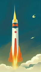 Cartoon rocket, creativity or fun idea, imagination or creative freedom, launch new project or business improvement concept, young adult creative, rocket flying in the sky