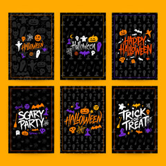 Halloween Holiday Posters. Vector Illustration of Scary Party Greeting Cards. Handwritten Lettering.