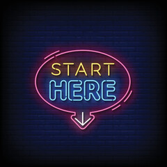Neon Sign start here with brick wall background vector