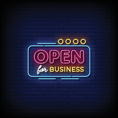 Neon Sign open for business with brick wall background vector