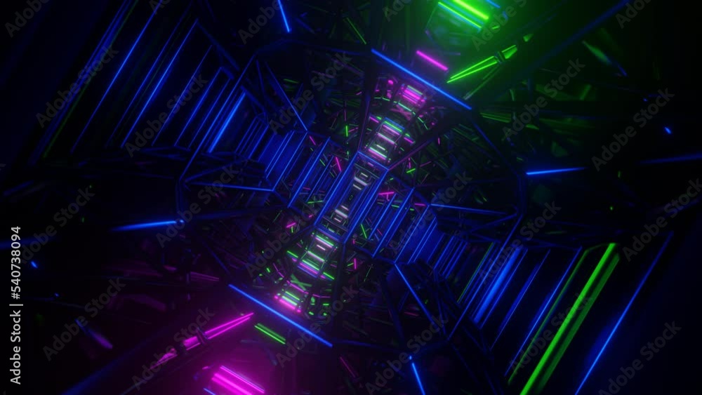 Poster flying into digital technologic strobe neon tunnel. futuristic glow sci-fi vj loop. 3d render.