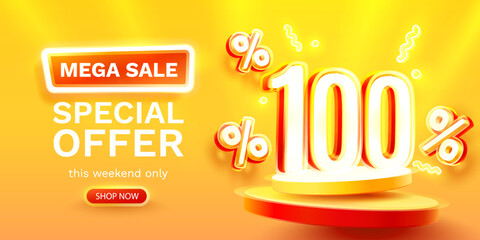 Mega sale special offer, Neon 100 off sale banner. Sign board promotion. Vector