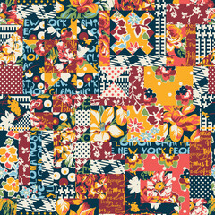 Abstract floral polka and plaid patchwork wallpaper vector seamless pattern