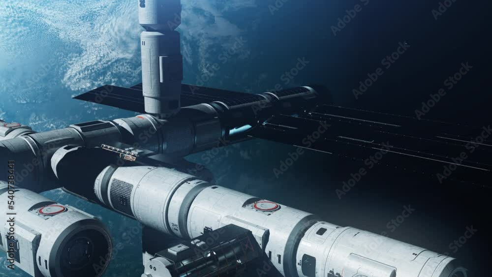 Wall mural a new space station in space orbiting the earth. a concept on the theme of space exploration and tec