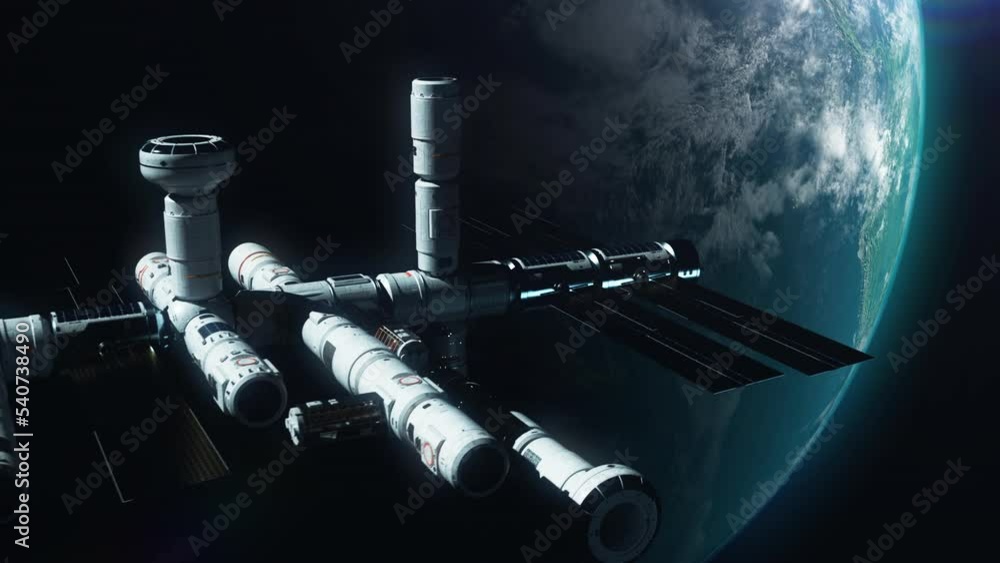 Wall mural a new space station in space orbiting the earth. a concept on the theme of space exploration and tec