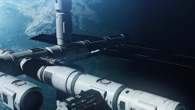 A new space station in space orbiting the Earth. a concept on the theme of space exploration and technological progress
