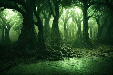 tree roots and green forest, 3D rendering, raster illustration.