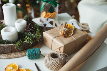 Eco gift wrapping for christmas. natural materials. Preservation of nature. Winter holidays. New Year. Eco friendly.