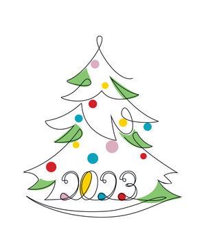 Christmas tree and 2023 is the number of the coming year. Christmas and New Year. Drawing with one white and gold line,in continuous line drawing style. vector illustration isolated 