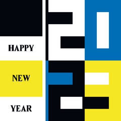 creative poster concept
happy new year 2023. colors  Ukrainian flag. Minimalistic trendy design template with geometric numbers 2023 to celebrate and decorate the season.