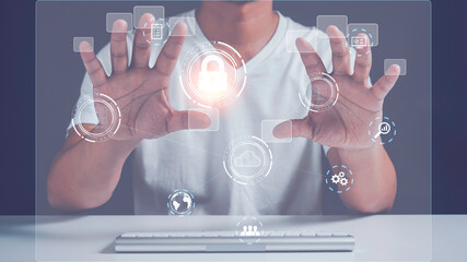A man Fingerprint scanning and biometric authentication, processing of biometric for access personal data
