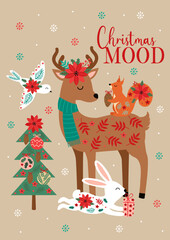 Christmas card with deer, hare, squirrel