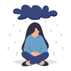 Depressed girl sitting under rain cloud. Sad woman