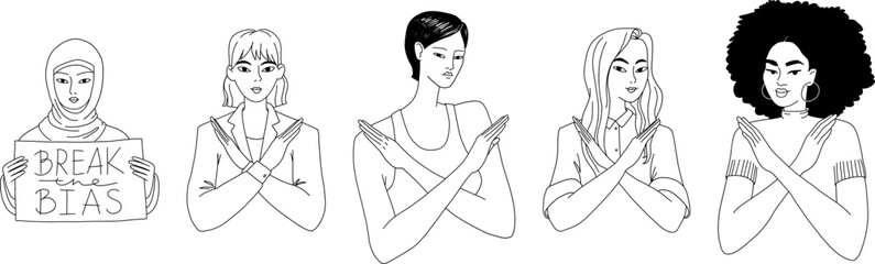 Break the bias. Various women against stereotypes and discrimination. Set of drawn multiracial girls with crossed arms. Vector illustration of women's solidarity movement.