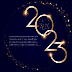 Fototapeta na wymiar Happy new 2023 year Elegant gold text with light. Minimalistic text template. 