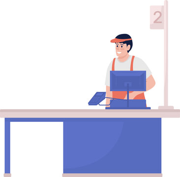 Cashier At Register Semi Flat Color Raster Character. Standing Figure. Full Body Person On White. Common Situation Isolated Modern Cartoon Style Illustration For Graphic Design And Animation