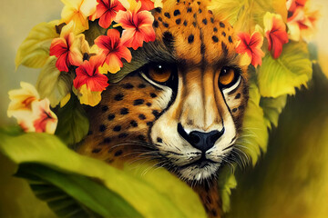 Nahaufnahmeportrait des Leoparden in den tropischen Blumen und in den Blättern. Malerisches Porträt von Cheetah. Digitale Illustration © Viks_jin