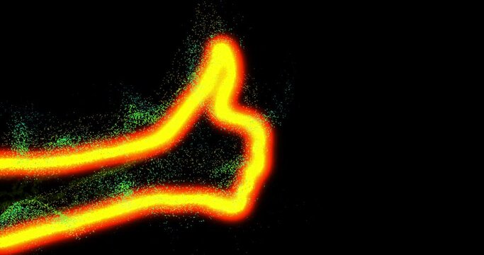 Vfx animated hand silhouette, bright red particles and neon lines, thumbs up, waving up and down, copy space. The concept of consent, doing great, everything is fine, super