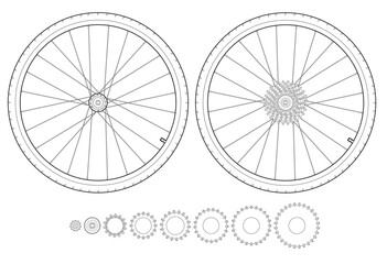 Two bicycle wheels and tires with rear wheel gear details.