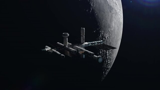 the space station orbiting the moon. the concept of technology and progress in the space industry and the exploration of new worlds