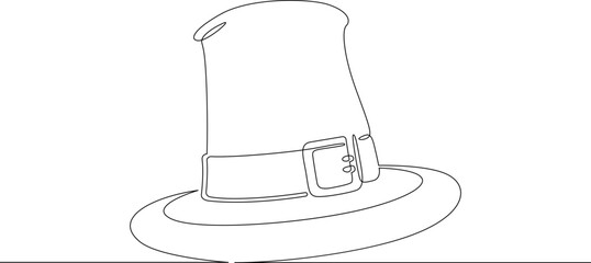 One continuous line. Holiday symbol. Thanksgiving Day. Colonist hat. One continuous line on a white background. - obrazy, fototapety, plakaty