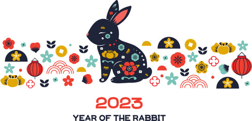 2023 year of rabbit zodiac. Chinese new year banner with rabbit, flowers, lanterns and other symbol. Border design for calendar and cards. Translation mean Happy New year - 540743233