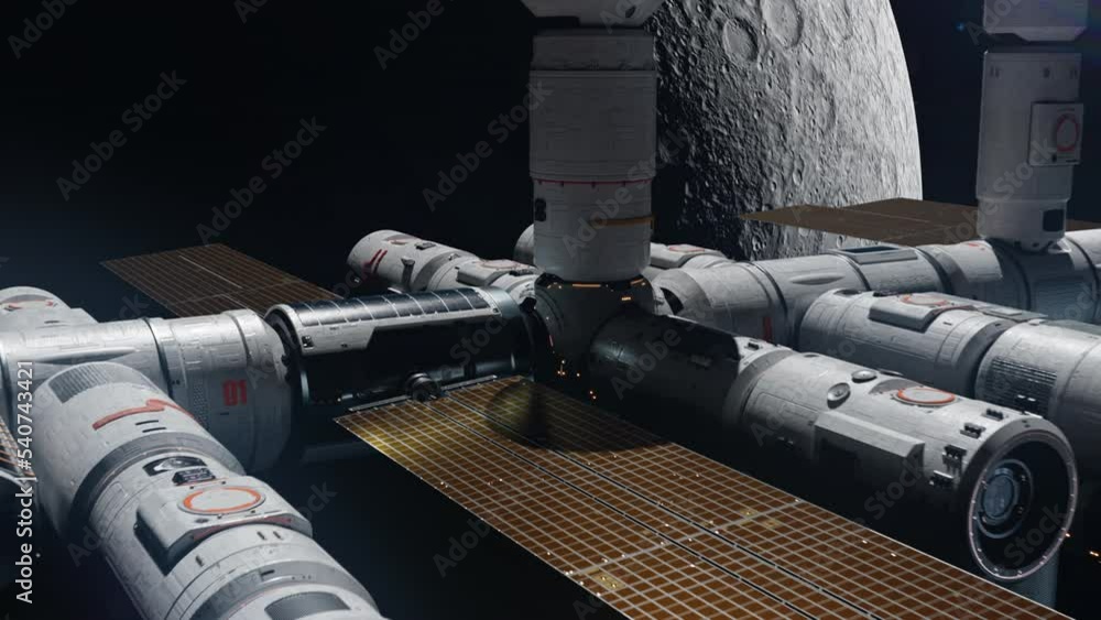 Canvas Prints the space station orbiting the moon. the concept of technology and progress in the space industry an